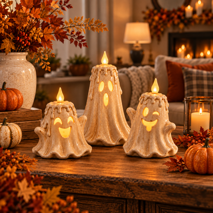 3-Piece Halloween Ghost Flameless Candle👻 Set with Remote Timer🏠